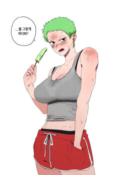 1girl ababubu_zr absurdres blush breasts commentary_request cowboy_shot earrings fingernails food genderswap genderswap_(mtf) green_hair grey_tank_top hand_in_pocket highres holding holding_food holding_popsicle jewelry midriff one_piece open_mouth popsicle red_shorts roronoa_zoro short_hair shorts simple_background solo speech_bubble sweat tank_top teeth translation_request upper_teeth_only v-shaped_eyebrows very_short_hair white_background