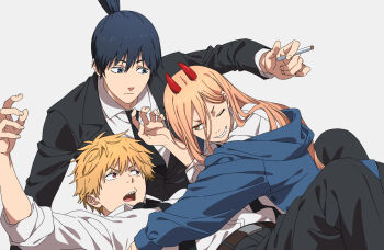 1girl 2boys belt black_hair black_jacket black_necktie black_pants black_suit blonde_hair blue_jacket brown_belt chainsaw_man cigarette denji_(chainsaw_man) formal_clothes hair_between_eyes hayakawa_aki highres holding holding_cigarette jacket long_hair long_hair_between_eyes multiple_boys necktie one_eye_closed orange_eyes pants poteke power_(chainsaw_man) sharp_teeth shirt short_hair suit suit_jacket teeth topknot white_shirt yellow_eyes