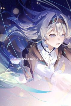 1girl :d black_hairband collared_shirt cropped_jacket firefly_(honkai:_star_rail) floating_hair frilled_sleeves frills grey_hair hair_between_eyes hair_ornament hairband hashtag-only_commentary highres honkai:_star_rail honkai_(series) long_hair long_sleeves multicolored_eyes neckerchief night night_sky open_mouth orange_neckerchief shirt sky smile two-tone_eyes yukiusagi_(snowrabbit0508)