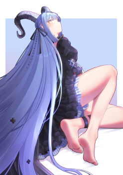 1girl artist_name bang_dream! bare_legs barefoot black_dress black_ribbon blue_background blue_hair blush border closed_mouth dress earrings frilled_dress frills full_body gradient_background hair_ribbon highres horns jewelry legs long_hair looking_at_viewer looking_back on_ground puffy_short_sleeves puffy_sleeves ribbon shadow short_dress short_sleeves sidelocks signature sitting soles solo thighs toes togawa_sakiko very_long_hair white_border yamauchi_kouen