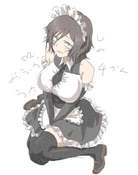 1girl apron asai_akira between_legs black_dress black_necktie black_sleeves black_thighhighs blush breasts brown_hair brown_shoes button_gap collared_dress commentary_request detached_sleeves dress embarrassed flat_color frilled_apron frilled_dress frills hair_between_eyes hand_between_legs highres large_breasts looking_at_viewer maid maid_headdress medium_hair mitsugu necktie parted_lips sanpaku shoes short_necktie simple_background sitting sleeveless sleeveless_dress solo sweat tearing_up thighhighs translation_request v_arms waist_apron white_apron white_background yofukashi_no_uta