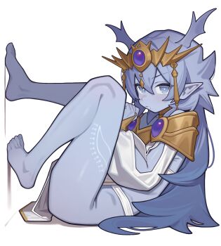 Rule 34 | 1girl, absurdres, barefoot, blue eyes, blue hair, blue horns, blue skin, bright pupils, colored skin, commentary, dominus impulse, duel monster, feet, hair between eyes, highres, horns, legs, long hair, long sleeves, pointy ears, simple background, solo, symbol-only commentary, thighs, toes, wepwawet, white background, white pupils, yu-gi-oh!