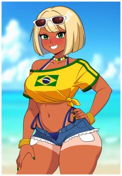 1girl 2025 absurdres alternate_costume alternate_skin_color ass beach bead_necklace beads bikini bikini_under_clothes blonde_hair blue_shorts blurry blurry_background blush bob_cut bracelet brazilian_flag brazilian_flag_print brazilian_miku collarbone commentary contrapposto cosplay crop_top dark-skinned_female dark_skin denim denim_shorts depth_of_field earrings english_commentary exposed_pocket eyebrows_hidden_by_hair eyewear_on_head flag_print flip-flops flower green_nails grin hair_flower hair_ornament hand_on_own_hip hand_on_own_thigh hatsune_miku hibiscus highres jewelry long_hair makeup mcarthur1010 medium_hair mina_(mcarthur1010) multicolored_nails multiple_bracelets nail_polish navel necklace ocean off-shoulder_shirt off_shoulder original outdoors pink_lips sand sandals shirt shore short_sleeves shorts side-tie_bikini_bottom smile standing sunglasses swept_bangs swimsuit tan thick_thighs thighs thong thong_bikini toenail_polish toenails torn_clothes torn_shorts unzipped_pants very_long_hair vocaloid yellow_nails