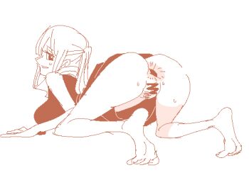 1girl aged_down aliasing all_fours anus ass bare_arms bare_shoulders barefoot bent_over bottomless breasts censored female_focus female_pubic_hair from_behind full_body gaping_anus isami_meena large_breasts legs light_smile looking_at_viewer medium_hair monochrome nico_robin nico_robin_(teen) no_panties one_piece orange_theme ponytail popped_collar pubic_hair red_theme scribble scribble_censor simple_background smile solo sweat sweatdrop tagme white_background