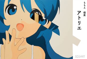 1girl acrylic_paint_(medium) artist_name bare_shoulders blue_eyes blue_hair hand_up highres long_hair looking_at_viewer momoe_(mme_daigaku) open_mouth original painting_(medium) portrait solo spaghetti_strap traditional_media unconventional_media
