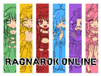 3boys 3girls belt bikini blacksmith_(ragnarok_online) bone-shaped_pupils breasts cigarette cleavage closed_mouth coat column_lineup commentary_request copyright_name crop_top cross-shaped_pupils donut flip-flops flower-shaped_pupils food full_body fur-trimmed_skirt fur_trim gear-shaped_pupils hair_over_one_eye hat heart heart-shaped_pupils horns kamui_setsuna large_breasts leaf leaf_on_head long_hair looking_at_viewer mechanic_(ragnarok_online) midriff mitre multiple_boys multiple_girls multiple_monochrome navel open_clothes open_coat open_mouth open_shirt pants ragnarok_online rainbow_order ranger_(ragnarok_online) sandals shadow_chaser_(ragnarok_online) shirt short_hair shorts shrug_(clothing) skirt sleeves_rolled_up smile star-shaped_pupils star_(symbol) super_novice_(ragnarok_online) swimsuit symbol-shaped_pupils thighhighs wanderer_(ragnarok_online) wolf_hat