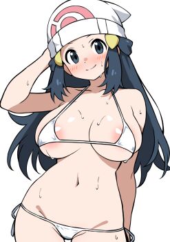 areola_slip beanie bikini blue_eyes blue_hair blush breasts closed_mouth commentary_request cowboy_shot dawn_(pokemon) ecgg_(tsuji418477) hand_on_own_head hat highres large_breasts long_hair micro_bikini navel nintendo pokemon pokemon_dppt simple_background smile stomach sweat swimsuit white_background white_bikini white_hat
