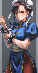 Rule 34 | 1girl, arm up, blue dress, bracelet, breasts, brown eyes, brown hair, capcom, china dress, chinese clothes, chun-li, commentary request, cowboy shot, double bun, dress, earrings, gold trim, grey background, hair bun, hapchi, highres, holding own arm, jewelry, looking at viewer, medium breasts, outside border, pelvic curtain, puffy short sleeves, puffy sleeves, sash, short hair, short sleeves, signature, solo, spiked bracelet, spikes, standing, straight-on, street fighter, white sash