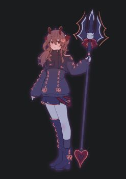 Rule 34 | 1girl, ahoge, asymmetrical footwear, black background, black boots, black skirt, black socks, black sweater, black vest, boots, bow, broken heart, broken heart hair ornament, brown hair, character name, commentary, cropped vest, crossed bangs, demon horns, english commentary, evil neuro-sama, full body, hair between eyes, hair ribbon, heart, high collar, highres, holding, holding polearm, holding weapon, horns, kasoke308, long hair, long sleeves, looking at viewer, miniskirt, neuro-sama, open mouth, orange ribbon, pleated skirt, pocket, polearm, puffy long sleeves, puffy sleeves, red bow, red eyes, red ribbon, ribbon, ribbon-trimmed boots, ribbon-trimmed footwear, ribbon-trimmed sweater, simple background, skirt, socks, solo, standing, sweater, torn hair ribbon, two side up, uneven footwear, vedal ai, vest, weapon