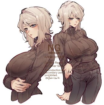 09wave_hb 1girl blue_eyes breasts closed_mouth commentary cowboy_shot expressionless faust_(project_moon) grey_pants highres large_breasts limbus_company long_sleeves looking_to_the_side multiple_views pants project_moon ribbed_sweater short_hair sidelocks sweater symbol-only_commentary turtleneck turtleneck_sweater white_hair