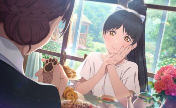 2girls black_hair blush braid closed_mouth cookie day dutch_angle fingernails flower food game_cg hand_on_own_cheek hand_on_own_face hazuki_ren high_ponytail highres indoors long_hair looking_at_another love_live! love_live!_school_idol_festival_2 love_live!_superstar!! multiple_girls official_art pink_flower pink_rose ponytail rose saya_(love_live!) shirt short_sleeves sitting smile third-party_source tiered_tray vase white_shirt window yellow_eyes
