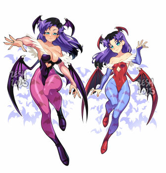 2025 20s 2girls absurdres animal animal_print bat_(animal) bat_print black_boots black_hair black_leotard black_nails blue_eyes blue_pantyhose blush boots breasts bridal_gauntlets capcom cleavage clothing_cutout collarbone cosplay darkstalkers demon_girl demon_wings dual_persona earrings head_wings heart_cutout highleg highleg_leotard highres jewelry jumping large_breasts leotard lilith_(darkstalkers) lilith_(darkstalkers)_(cosplay) long_hair looking_at_viewer morrigan_aensland morrigan_aensland_(cosplay) multicolored_hair multiple_girls original pantyhose pink_pantyhose print_pantyhose purple_hair red_boots red_leotard sidney_(zeshgolden) small_breasts smile two-tone_hair white_background wings zeshgolden