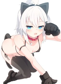 1girl all_fours anal_beads anal_tail animal_ears animal_hands ass bdsm belt_collar bikini black_bikini black_thighhighs blue_eyes blush breasts butt_plug cat_ears cat_tail collar commentary_request fake_animal_ears fake_tail front-tie_bikini_top front-tie_top gloves hair_ornament hairclip highres loli looking_at_viewer medium_hair open_mouth original otokuyou paid_reward_available parallel_hairclips paw_gloves paw_shoes pet_play red_collar ringo-chan_(otokuyou) simple_background slave small_breasts solo swimsuit tail thighhighs white_background white_hair