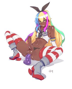 10s 1boy anal anal_object_insertion androgynous ankle_boots black_panties blonde_hair boots clothing_aside crop_top dark-skinned_male dark_skin dildo dildo_riding doxy elbow_gloves erection foreskin ganguro gender_request genderswap gloves groin gyaru high_heels kantai_collection lips long_hair male_focus male_masturbation male_penetrated masturbation midriff multicolored_hair navel object_insertion panties panties_aside penis phimosis sex_toy shimakaze-kun shimakaze_(kancolle) shiny_skin solo squatting striped_clothes striped_thighhighs testicles thighhighs trap underwear yellow_eyes