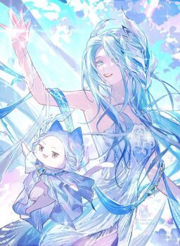 1girl animal artist_name bare_shoulders blue_cloak blue_dress blue_eyes blue_gemstone blue_hair blue_ribbon blue_sky blue_theme born_flawless_(infinity_nikki) brown_eyes cat chest_jewel cloak clothed_animal commentary cowboy_shot day dress ear_covers english_commentary eyelashes eyes_visible_through_hair feather_hair_ornament feathers gem grin hair_ornament hair_over_one_eye hand_up happy highres hood hood_up hooded_cloak infinity_nikki instagram_username jewelry lipstick long_dress long_hair looking_ahead makeup mint-tan momo_(nikki) nikki_(series) official_alternate_costume open_mouth outdoors petals red_lips ribbon side_slit sky smile sparkle standing strapless strapless_dress tree twitter_username very_long_hair watermark whiskers white_cat