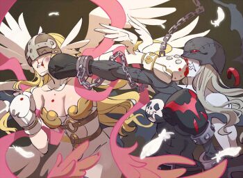 Rule 34 | 2girls, angel and devil, angewomon, black bodysuit, blonde hair, blood, bodysuit, boxing, boxing gloves, breasts, chain, cleavage, colored skin, covered eyes, demon girl, digimon, digimon (creature), digimon adventure, futa yuri ryona, grey skin, helmet, ladydevimon, large breasts, long hair, multiple girls, nosebleed, red eyes, teeth, torn clothes, wings