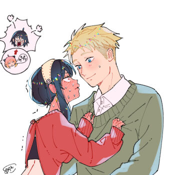 Rule 34 | 2boys, 2girls, angry, annoyed, anya (spy x family), arrow (symbol), awarinko, backless outfit, black hair, blank eyes, blonde hair, blue eyes, blush, chibi, chibi inset, closed mouth, clothes grab, collared shirt, crying, dress shirt, eye contact, fake horns, full-face blush, green sweater, hairband, hand blush, hands on another's chest, hands up, hetero, highres, horns, husband and wife, imminent kiss, long sleeves, looking at another, multiple boys, multiple girls, nervous, nervous sweating, pink hair, puff of air, puffy long sleeves, puffy sleeves, red sweater, shirt, short hair, sidelocks, signature, simple background, sleeves past wrists, smile, spoken character, spy x family, streaming tears, sweat, sweater, tears, translation request, trembling, twilight (spy x family), upper body, v-shaped eyes, white background, white shirt, yor briar, yuri briar