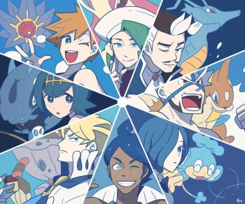 2girls 6+boys asymmetrical_bangs barbaracle black_background blue_background bow bowtie bright_pupils crasher_wake creature cress_(pokemon) elite_four facial_hair floatzel furrowed_brow gen_1_pokemon gen_2_pokemon gen_3_pokemon gen_4_pokemon gen_5_pokemon gen_6_pokemon gen_7_pokemon gym_leader hat holding juan_(pokemon) kingdra lana_(pokemon) looking_at_viewer marlon_(pokemon) mask milotic misty_(pokemon) multicolored_hair multiple_boys multiple_girls mustache nintendo on_shoulder one_eye_closed panpour pokemon pokemon_(creature) pokemon_bw pokemon_bw2 pokemon_dppt pokemon_emerald pokemon_frlg pokemon_on_shoulder pokemon_oras pokemon_rse pokemon_sm pokemon_xy serious siebold_(pokemon) signature ssalbulre starmie traditional_bowtie trial_captain two-tone_hair wailord wallace_(pokemon) wishiwashi wishiwashi_(school) wishiwashi_(solo)