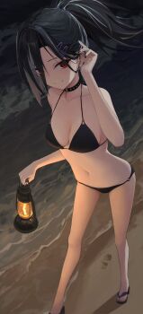 1girl absurdres azur_lane beach bikini black_bikini black_collar black_feathers black_hair black_nails blush breasts collar commission ear_piercing feathers from_above full_body goth_fashion grin haguro_(azur_lane) hair_ornament hair_over_one_eye hairclip highres lantern leaning_forward long_hair looking_at_viewer looking_up medium_breasts medium_hair multicolored_hair nail_polish navel night o-ring o-ring_bikini ocean outdoors piercing pixiv_commission ponytail red_eyes smile solo spiked_collar spikes standing streaked_hair swimsuit two-tone_hair walking white_hair yanagi_(yuki87g)