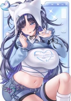 1girl black_hair blue_eyes blue_nails blue_shorts blush braid breasts hands_up highres hololive hololive_english large_breasts long_hair long_sleeves looking_at_viewer nail_polish navel ouro_kronii short_shorts shorts smile socks solo stomach thighs velvet_noir virtual_youtuber way_2_u_(ouro_kronii) white_socks