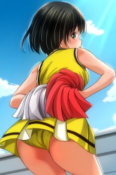 1girl absurdres ass bare_arms black_hair blue_sky blush breasts brown_eyes cheerleader cloud day dress from_behind highres light_rays loli looking_at_viewer looking_back matsunaga_kouyou original outdoors panties parted_lips pom_pom_(cheerleading) shirt short_hair skirt sky sleeveless sleeveless_dress small_breasts solo standing sunbeam sunlight underwear wind wind_lift yellow_dress yellow_panties yellow_shirt yellow_skirt