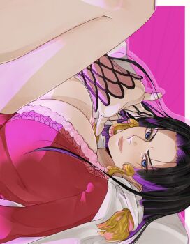 1girl black_hair blue_eyes boa_hancock breasts cape cleavage commentary_request earrings epaulettes fuji_1w highres hood hooded_cape jewelry large_breasts long_hair one_piece pink_background red_shirt shirt sidelocks snake_earrings solo white_cape