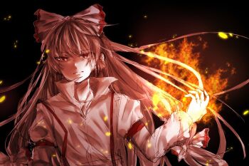 1girl black_background bow closed_mouth commentary fire fujiwara_no_mokou grey_hair hair_bow highres long_hair long_sleeves pyrokinesis red_eyes simple_background solo suspenders touhou upper_body white_bow zaqo_daaken573