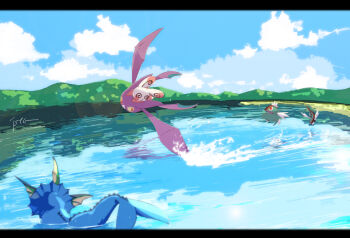 @_@ animal_focus basculin basculin_(red) bat_(animal) black_border blue_fur border cetacean_tail colored_sclera commentary crobat fangs fins fish fish_tail flying full_body gen_1_pokemon gen_2_pokemon gen_3_pokemon gen_5_pokemon head_fins isutai looking_at_another nintendo no_humans outdoors pokemon pokemon_(creature) pokemon_focus red_eyes red_fur sharp_teeth simple_background spinda swimming symbol-only_commentary tail teeth vaporeon water yellow_fur yellow_sclera