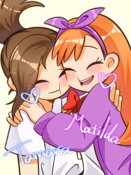 Rule 34 | 2girls, :d, ^ ^, alternate costume, blush, bow, bow hairband, bowtie, brown hair, cardigan, character name, cheek-to-cheek, closed eyes, commentary request, couple, eddsworld, fkkat r, hairband, heads together, heart, highres, hug, long hair, long sleeves, matilda (eddsworld), medium hair, multiple girls, mutual hug, open cardigan, open clothes, open mouth, orange hair, purple cardigan, purple hairband, red bow, red bowtie, school uniform, shirt, short sleeves, simple background, smile, tamara (eddsworld), topknot, upper body, white shirt, yellow background, yuri