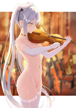 1girl akie_(44265104) blurry blurry_background breasts chair commentary_request convenient_arm cowboy_shot duplicate elbow_gloves from_side gloves gold_choker highres holding holding_instrument holding_violin instrument letterboxed long_hair maid_headdress music naked_choker navel nude original parted_lips playing_instrument revision skindentation small_breasts solo stomach sweat thighhighs thighs twintails violin white-haired_girl_(akie) white_gloves white_hair white_thighhighs yellow_eyes zenra