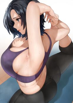 1girl ark_royal_(azur_lane) sweat armpits ass black_hair blue_eyes blush breasts cleavage downblouse exercising fingernails from_above from_side highres large_breasts lips mature_female original pants pigeon_pose profile sakura_no_tomoru_hi_e shadow short_hair sideboob solo sports_bra stretching sweat takao_(kancolle) tank_top wooden_floor yoga yoga_mat yoga_pants