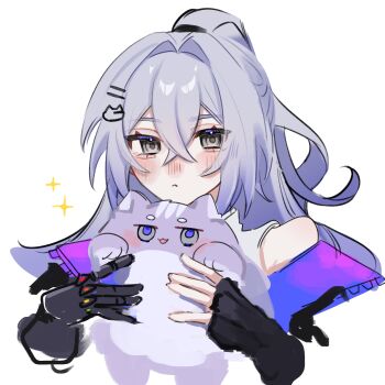 1girl :< absurdres animal animal_ears animalization bare_shoulders black_gloves black_jacket blush cat cat_ears cat_hair_ornament closed_mouth commentary_request crossed_bangs eyelashes fingerless_gloves gauntlets gloves grey_eyes grey_hair hair_between_eyes hair_ornament hairclip high_ponytail highres holding holding_animal honkai:_star_rail honkai_(series) jacket long_hair looking_at_viewer open_clothes open_jacket open_mouth osakana_shira person_and_animalization ponytail purple_fur purple_jacket purple_pupils silver_wolf_(honkai:_star_rail) silver_wolf_(lv.999)_(honkai:_star_rail) simple_background single_gauntlet smile solo sparkle tank_top two-sided_fabric two-sided_jacket upper_body white_background white_tank_top