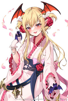 Rule 34 | :d, animal, animal on hand, bat (animal), blonde hair, blush, commentary request, fang, flower, frilled sleeves, frills, gloves, granblue fantasy, hair between eyes, hair flower, hair ornament, hairclip, hand up, head wings, highres, japanese clothes, kimono, long hair, long sleeves, looking at viewer, obi, open mouth, orange wings, petals, pointy ears, red eyes, red flower, red rose, rose, sash, simple background, smile, solo, vampy, very long hair, watermark, web address, white background, white gloves, white kimono, wide sleeves, wings, yuntae