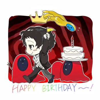 1boy adachi_tooru arm_up birthday_cake black_eyes black_hair black_jacket black_pants blush_stickers border cake chengmingraven chibi chibi_only commentary crown dated_commentary flag food from_side happy_birthday highres holding holding_flag jacket male_focus pants persona persona_4 sash shadow_(persona) short_hair smile translation_request walking white_border
