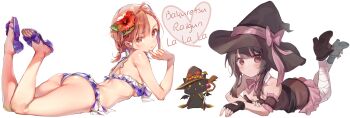 2girls animal animated animated_png arm_strap ass bandaged_leg bandages bikini black_hair blush boots breasts brown_eyes brown_hair cat chomusuke cosplay crossover dsmile fallenshadow feet_up fingerless_gloves flower full_body gloves hair_flower hair_ornament hat heart highres indie_virtual_youtuber kono_subarashii_sekai_ni_shukufuku_wo! looking_at_viewer lying megumin_(cosplay) misaka_mikoto multiple_girls nut_megu on_stomach purple_eyes sandals skirt small_breasts staff_(weapon) swimsuit third-party_edit toaru_majutsu_no_index transparent_background virtual_youtuber witch_hat