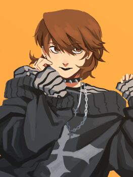 1girl alternate_costume black_lips black_sweater brown_eyes brown_hair closed_mouth collar commentary cross cross_necklace earrings english_commentary goth_fashion highres jewelry necklace nhoquenio orange_background persona persona_3 shirt short_hair solo spiked_collar spikes striped_clothes striped_shirt stud_earrings sweater takeba_yukari