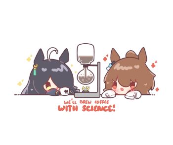 2girls absurdres agnes_tachyon_(tach-nology)_(umamusume) agnes_tachyon_(umamusume) ahoge animal_ears black_hair black_jacket blush brown_hair bunsen_burner chemistry chibi coffee coffee_maker coffee_mug commentary cup decrilus ear_tag earrings english_commentary english_text fire hair_between_eyes highres horse_ears horse_girl jacket jewelry lab_coat long_hair long_hair_between_eyes long_sleeves manhattan_cafe_(creeping_black)_(umamusume) manhattan_cafe_(umamusume) mug multicolored_hair multiple_girls open_mouth red_eyes short_hair simple_background single_earring sleeves_past_fingers sleeves_past_wrists umamusume upper_body white_background white_hair