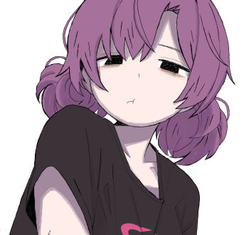 1girl :i :t black_shirt closed_mouth highres kms2605 looking_at_viewer original pout shirt short_sleeves simple_background solo t-shirt upper_body white_background