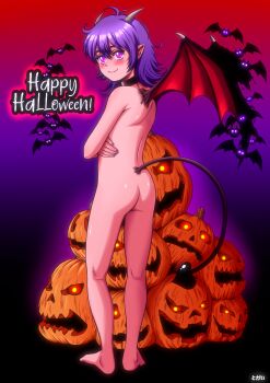 1girl absurdres ass black_choker choker closed_mouth completely_nude crossed_arms demon_girl demon_horns demon_tail demon_wings female_focus from_behind full_body happy_halloween highres horns jack-o&#039;-lantern kneepits looking_at_viewer looking_back medium_hair nail_polish nude original purple_eyes purple_hair purple_nails smile solo standing tail tokai wings