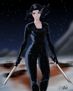 Rule 34 | 1girl, absurdres, black bodysuit, black eyes, black gloves, black hair, bodysuit, breasts, catphine, cleavage, contrapposto, cowboy shot, dagger, fingerless gloves, gloves, highres, holding, holding dagger, holding knife, holding weapon, jet (shadow slave), knife, looking at viewer, mountainous horizon, outdoors, shadow slave, short hair, snow, snowing, solo, weapon, wind, wind lift