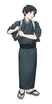 1boy axis_powers_hetalia belt black_belt black_eyes black_hair blue_kimono commentary_request empty_eyes full_body grey_slippers hands_up highres holding japan_(hetalia) japanese_clothes kimono looking_to_the_side male_focus mi_aph_to open_mouth short_hair short_sleeves slippers smile socks solo standing tongue white_socks