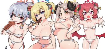 4girls absurdres ahoge akari_(blue_archive) ass bikini black_horns blonde_hair blue_archive blue_eyes blue_halo breasts chocolate-covered_food chocolate_banana eyepatch_bikini grey_hair halo haruna_(blue_archive) highres horns izumi_(blue_archive) junko_(blue_archive) large_breasts long_hair looking_at_viewer mago_cats multiple_girls open_mouth pointy_ears purple_eyes reaching reaching_towards_viewer red_eyes red_hair red_halo red_wings simple_background small_breasts smile swimsuit tongue tongue_out white_background white_bikini wings yellow_eyes yellow_halo