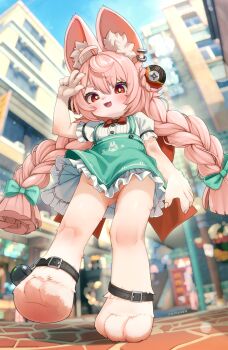 1girl :3 :d absurdres ahoge animal_ear_fluff animal_ear_piercing animal_ears animal_feet artist_name barefoot blurry blurry_background bow bowtie braid breasts cleft_of_venus commentary comodox dress english_commentary from_below full_body furry furry_female green_bow green_dress hair_bow hair_ornament highres loli long_hair looking_at_viewer no_panties open_mouth outdoors paid_reward_available pinafore_dress pink_hair puffy_short_sleeves puffy_sleeves pussy red_bow red_bowtie red_eyes shirt short_sleeves signature sleeveless sleeveless_dress small_breasts smile solo sphere_hair_ornament standing standing_on_one_leg twin_braids variant_set very_long_hair white_shirt zenless_zone_zero zhao_(zenless_zone_zero)