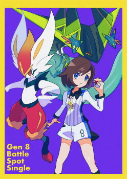 1girl absurdres alternate_color alternate_eye_color black_legwear blue_eyes bob_cut border brown_hair cinderace claws closed_mouth collared_shirt commentary dragapult dreepy film_grain gen_8_pokemon gloria_(pokemon) gym_challenge_uniform half-closed_eyes hand_up highres holding holding_poke_ball huge_filesize looking_at_viewer nintendo poke_ball poke_ball_(basic) pokemon pokemon_(creature) pokemon_swsh purple_background saiku_(zvlku) shiny_pokemon shirt short_hair shorts socks spread_fingers yellow_border