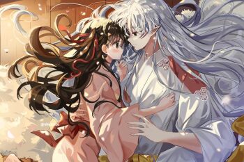 Rule 34 | 1boy, 1girl, brown hair, commentary, couple, facial mark, forehead mark, grey hair, hair ribbon, hetero, highres, inuyasha, japanese clothes, kimono, light blush, looking at another, parted lips, pink kimono, pointy ears, red ribbon, ribbon, rin (inuyasha), sesshoumaru, shiruuzu, side ponytail, symbol-only commentary, twintails, upper body, white kimono