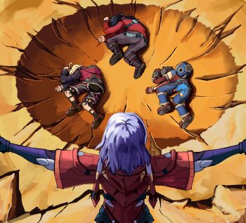 1girl 3boys absurdres black_hair dragon_ball dragonball_z elma_(xenoblade_x) group_picture highres jacket long_hair loukyiakiya meme missing_commentary monolith_soft multiple_boys noah_(xenoblade) purple_hair red_jacket rex_(xenoblade) short_hair shulk_(xenoblade) t-pose xeno_(series) xenoblade_chronicles_(series) xenoblade_chronicles_1 xenoblade_chronicles_2 xenoblade_chronicles_3 xenoblade_chronicles_x yamcha_pose_(meme)