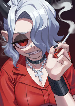 1girl absurdres black_horns breasts cigarette cross cross_necklace demon_girl demon_horns face_piercing hair_over_one_eye helltaker highres holding holding_cigarette horns jewelry lip_piercing mouth_piercing necklace nose_piercing piercing po_(pockyovo) red_eyes red_shirt sharp_teeth shirt short_hair smile smoke smoking teeth white_hair zdrada_(helltaker)