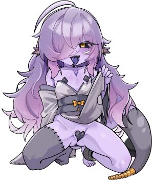 1girl absurdres ahoge bandaid colored_skin colored_tongue flat_chest hair_over_one_eye highres loli long_hair maebari open_mouth original paid_reward_available pasties poyo154297 purple_hair purple_skin purple_tongue simple_background solo tail tongue tongue_out white_background