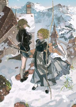 Rule 34 | 1boy, 1girl, akihare, arrow (projectile), bow (weapon), castle, gloves, helmet, mountain, nintendo, outdoors, pointy ears, princess zelda, shorts, snowing, standing, the legend of zelda, weapon