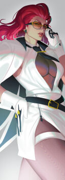 1girl absurdres breasts commentary crimson_viper earrings gloves highres jewelry lehmann long_hair mature_female necktie_aside orange-tinted_eyewear pompadour red_hair street_fighter street_fighter_6 tinted_eyewear